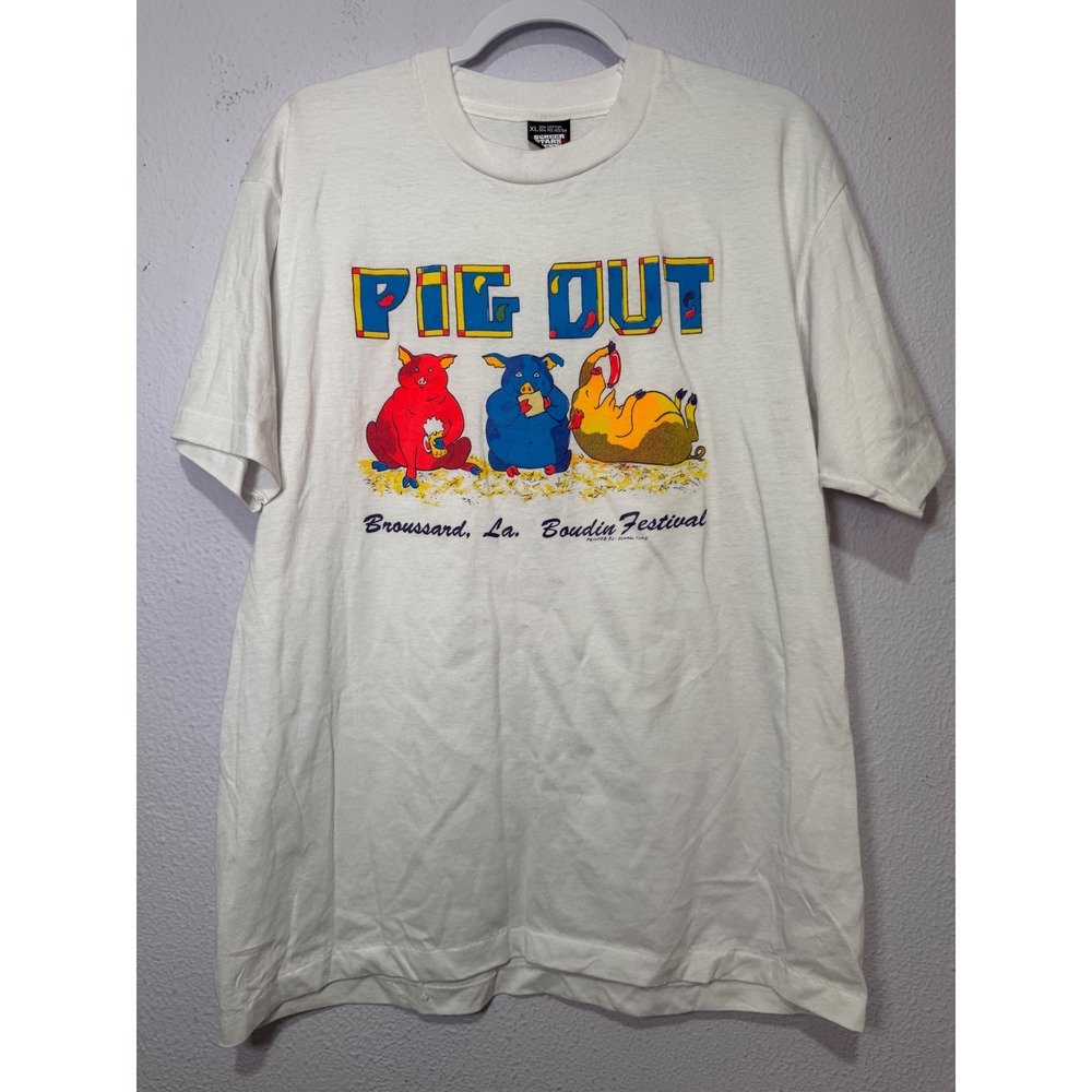 Vintage Screen Stars Best Pig Out Broussard La Boudin Festival T-Shirt XL White